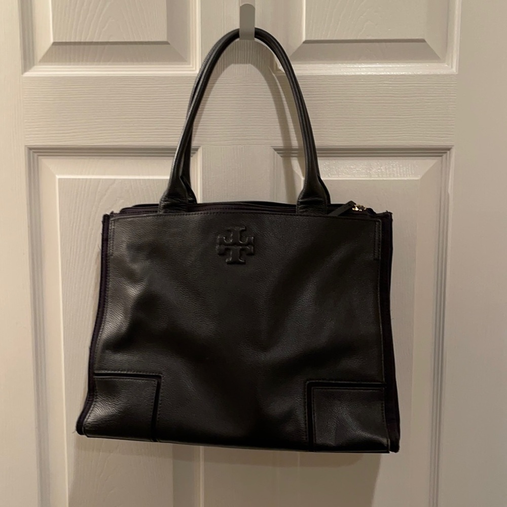 Tory Burch leather Ella with canvas sides -expandable.. Authentic